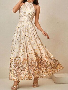 Elegant Floral Halter Neck Metallic Gold Foil Maxi Dress